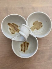 Triple Condiment Bowl Glazed Pottery Swirl Handel Signed Glenwood 8" Earthtones 