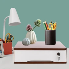 Modern Wooden Desktop Storage Box Home Office Lockable Drawer Organizer W/2 Keys