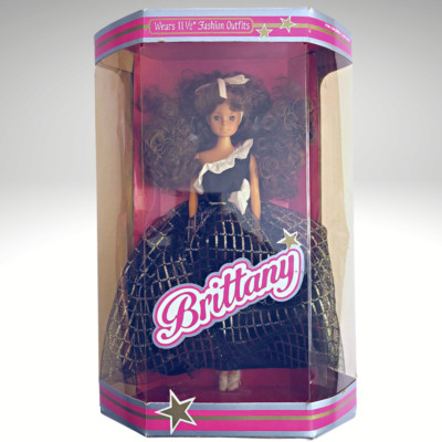 1989 Vintage Rare Uneeda Brittany Brunette Fashion Doll Black and Gold Gown 