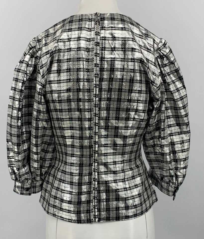 Camisa Ganni Plateada Negra Metálica Mezcla Seda Cuadros Cremallera Espalda Manga Abullonada Talla 38 Foto 2 de 4