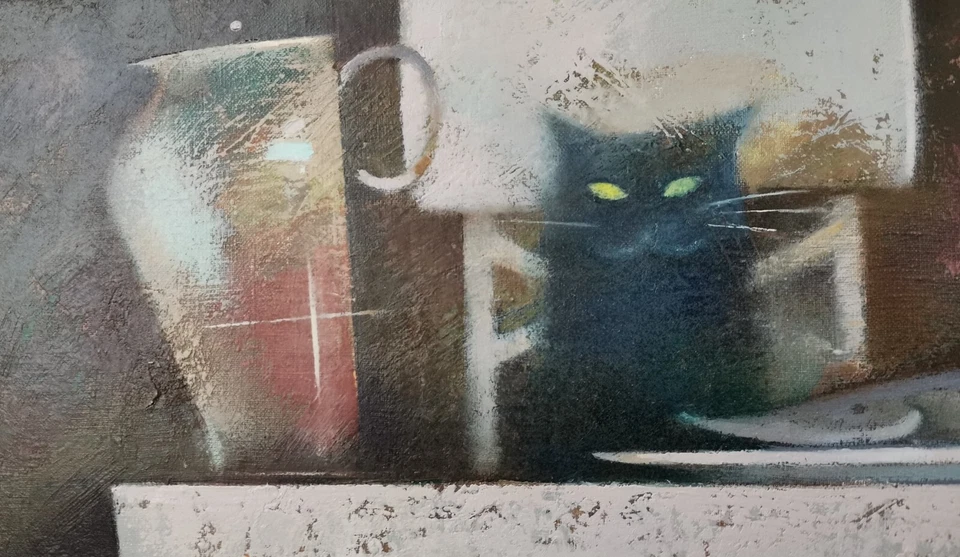 Абстрактная картина маслом кошка стол украинский художник холст в рамке декор оригинал - Изображение 3 из 4