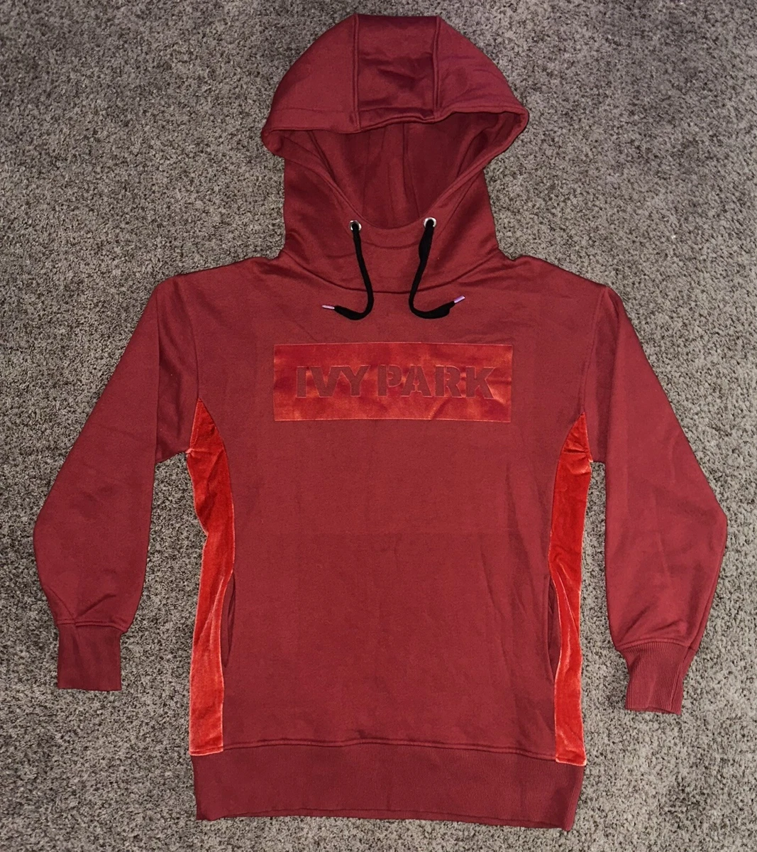 Ivy Park Velvet Oversized Logo Hoodie Sweathirt Mens Red Ribbed Knit Long Sleeve
