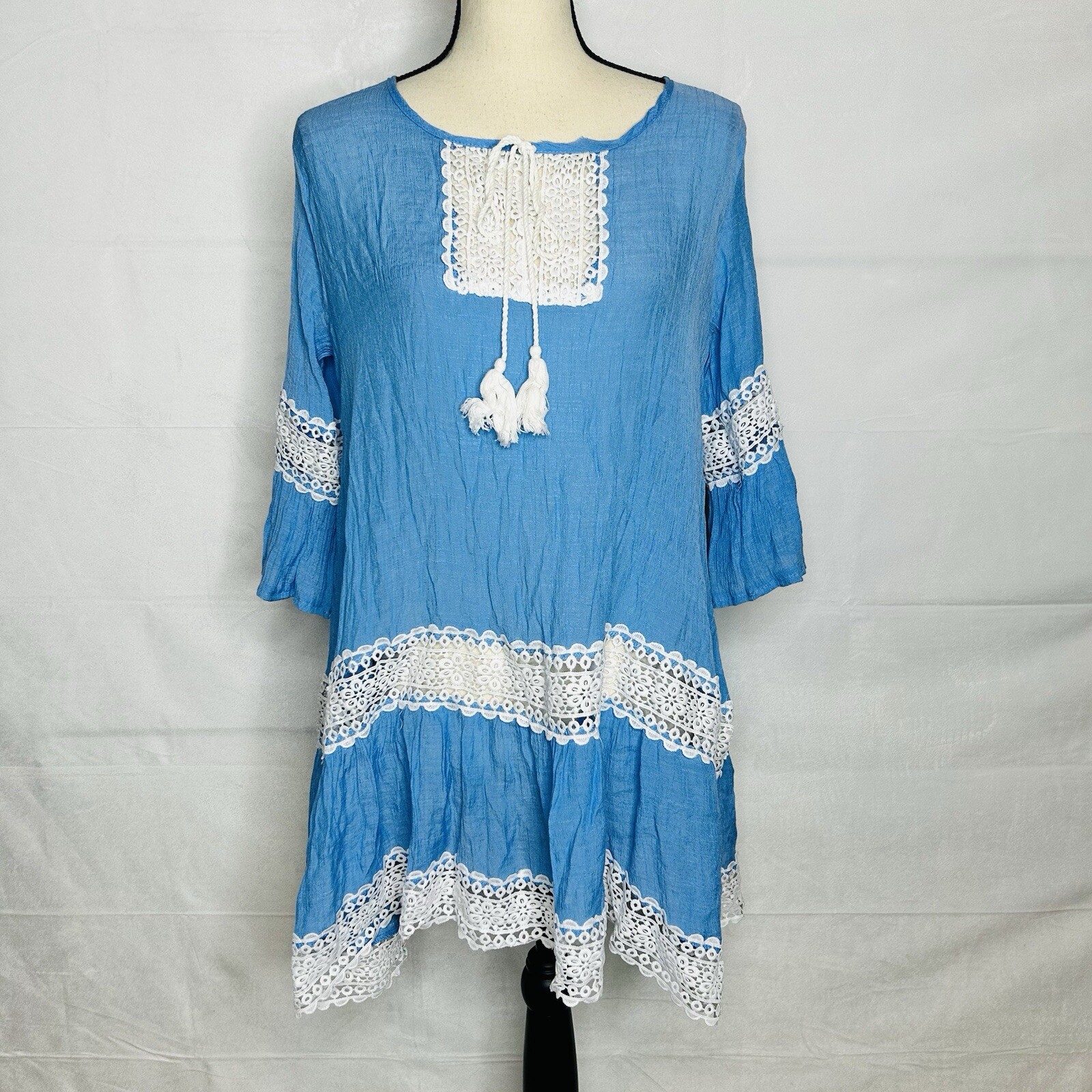 Swimsuit Coverup Dress Women One Size Blue White Crochet Lace Trim Boho Peasant-image