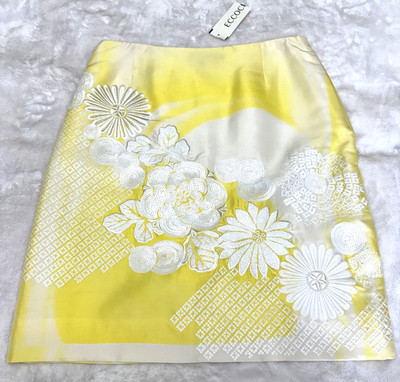 Per Se Women Yellow with White Embroidered Flowers A-line Knee-Length Skirt Sz 8