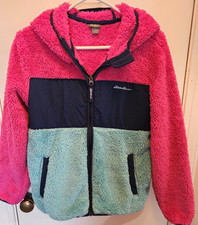 Eddie Bauer Girls Pink/Blue Super Soft Sherpa Fleece Hooded Jacket- Large 14-16
