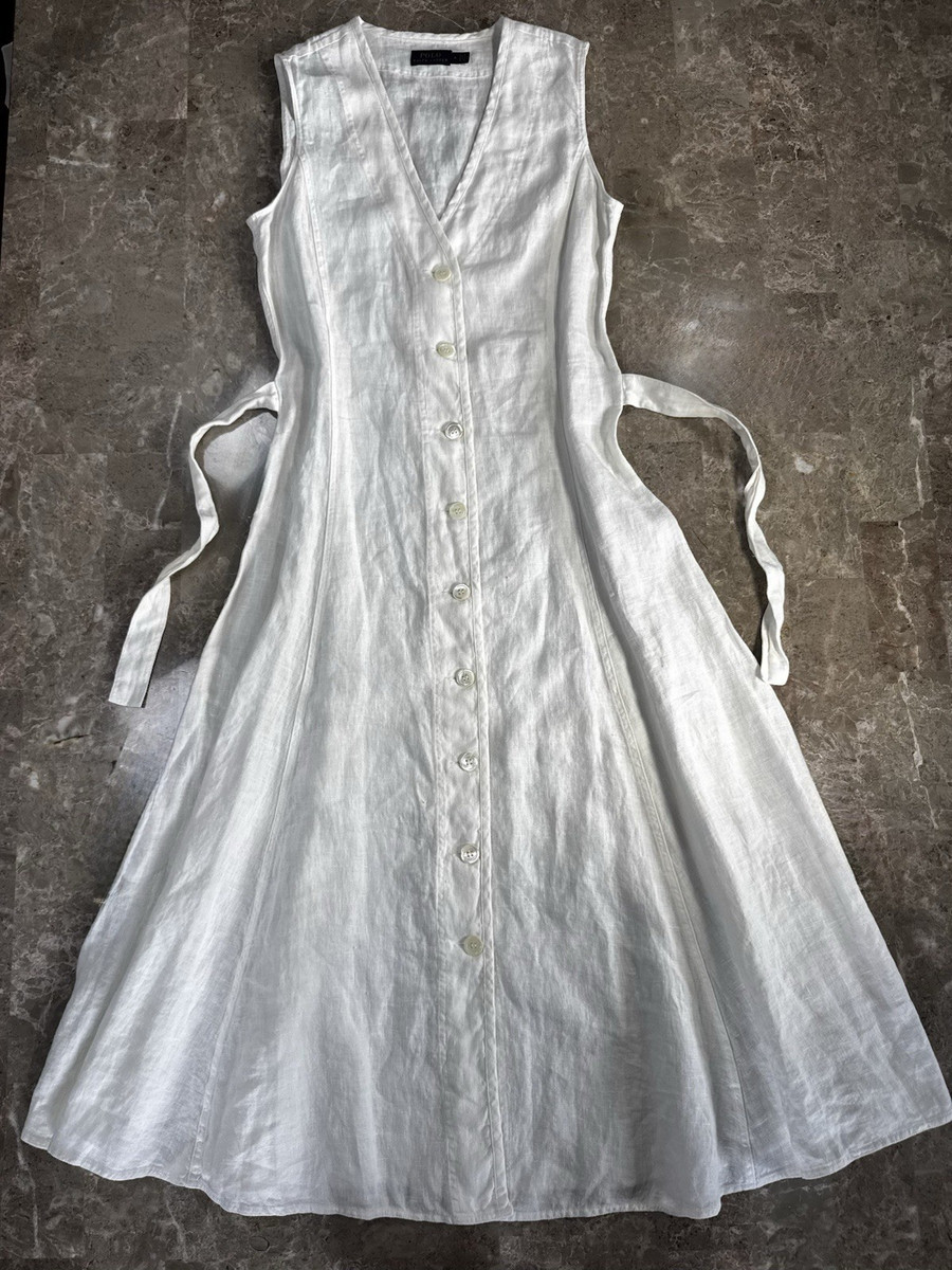 Polo Ralph Lauren White Linen A-Line Dress 4 Sleeveless Button V-Neck Long  | eBay