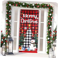 Christmas Door Cover Decorations, Red and Black Buffalo Plaid Snowman Door