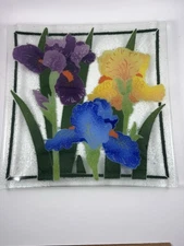 Peggy Karr 10" Square Iris Fused Art Glass Plate Multi-Colored Signed