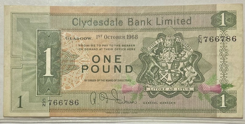 1968 Clydesdale Bank Limited 1 Pound Banknote Combine Shipping