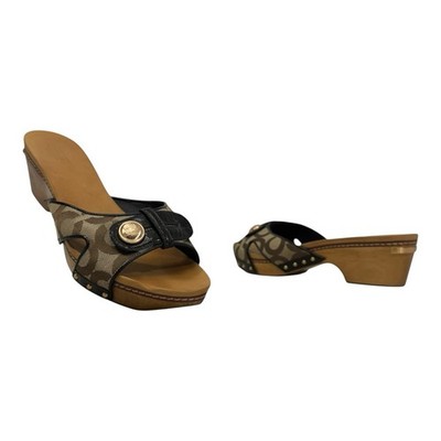Vintage 00s Y2K COACH Womens 9 Signature Canvas Wood Wedge Mules Sandals LEE