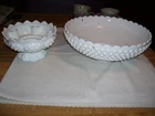 Vintage Fenton? White Hobnail Glass Candleholder and Large Serving Bowl or Shade