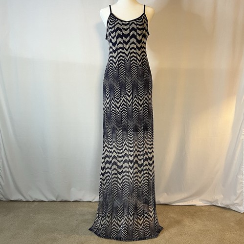 Sexy Navy Blue & Cream Herringbone Maxi Dress w/Adjustable Straps Sz Large - Picture 2 of 13