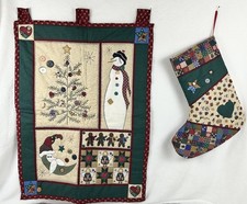 Christmas Quilt wall hanging tapestry Holiday square Handmade 2 In Lot Stocking
