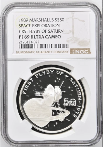 1989 Marshall Islands Space First Flyby of Saturn Silver $50 - NGC PF69 UC