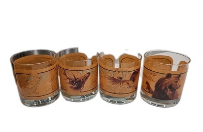 Hunting, Fishing,Outdoor, Whiskey Rocks Glasses Set/4. MCM. Art By Tom Obrien 