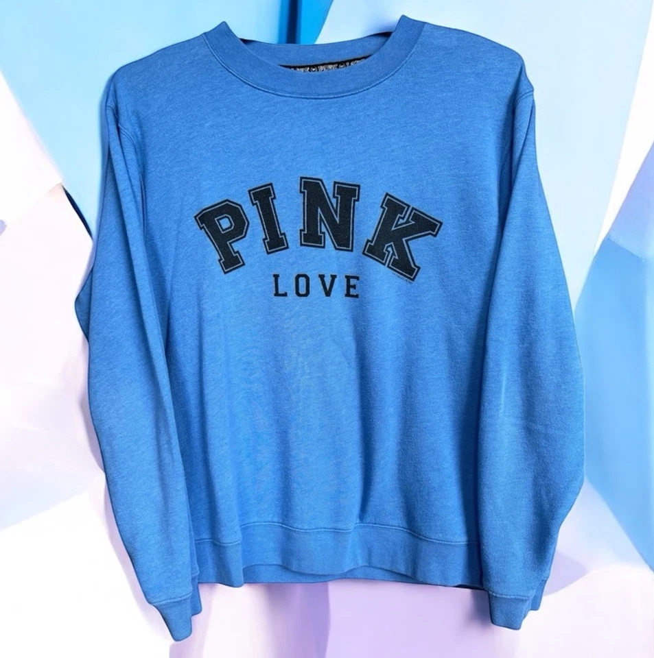 Pink Love Victoria’s Secret Pullover Sweatshirt Womens Sz Med Blue Cotton Blend - Image 2 of 4