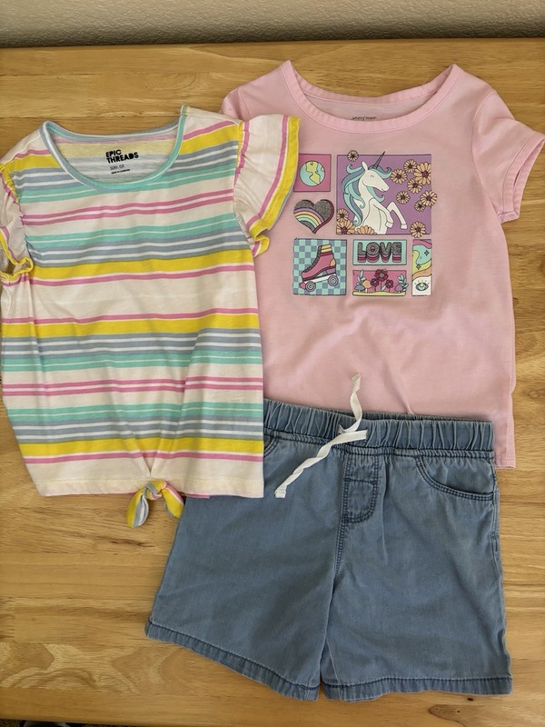Girls Size 6 Short Sleeve Pink Unicorn Top & Stripe Top and Blue Shorts Set