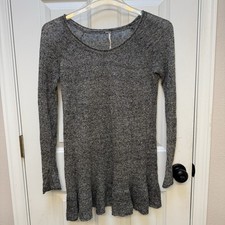 Free People 100% Linen Gray Long Sleeve Ruffle BOHO Mini Dress Womens XS Sheer
