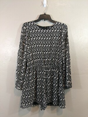 NWOT Fire Los Angeles Womens Size Large Beige Black Geometric Bell Sleeve Romper