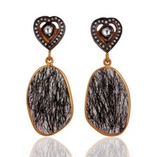 Black Rutile Quartz CZ Gemstone 18K Gold Plated 925 Silver Earrings Jewelry