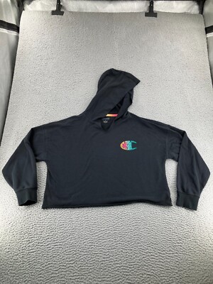 Champion Hoodie Womens Large Black Crop Athletic Wear Long Sleeve Logo  Pullover