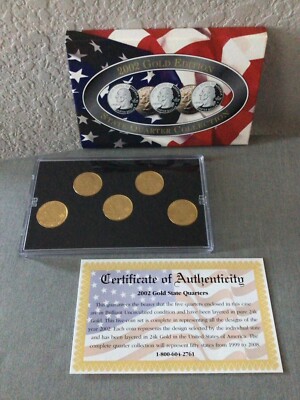 2002 Gold Edition State Quarter Collection Set of 5 ~ COA 24k Pure Gold Layered