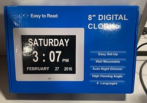 Digital Easy to Read 8" Digital Clock , 8 Languages, Easy set Up, Wall Mountable