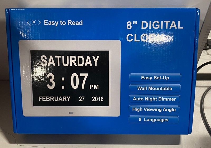 Digital Easy to Read 8" Digital Clock , 8 Languages, Easy set Up, Wall Mountable