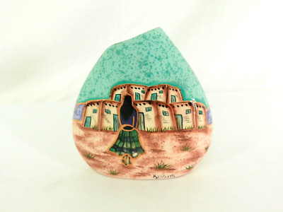 Hand-Painted Southwest Pottery Vase   Pueblo Scene by Keith etta, 6'' Tall