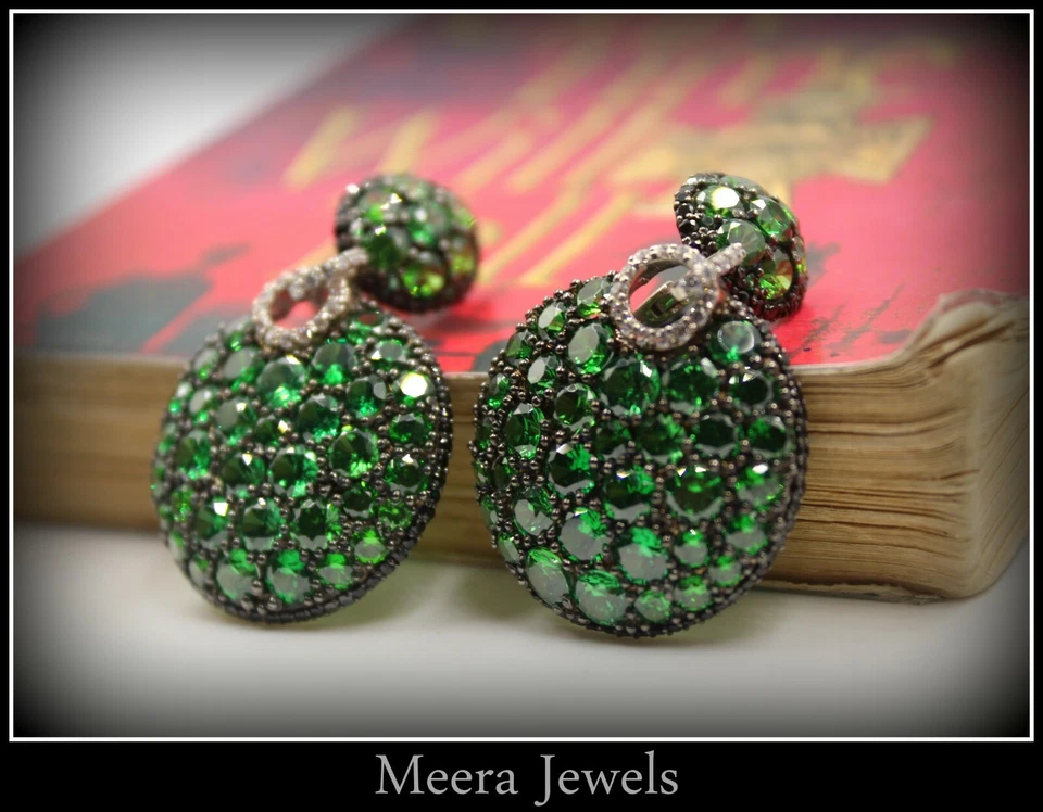Simulated Round Cut Green Emerald, Black Onyx & White Sapphire Women's Earrings - Image 4 of 4