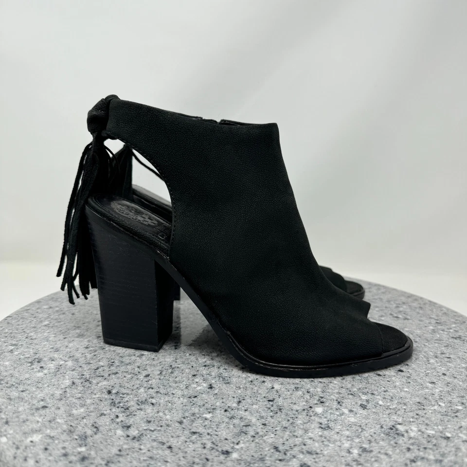 Vince Camuto Booties Womens 9 Black Leather Block Heel Fringe Open Toe Kyleena - Image 2 of 4