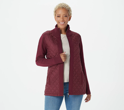 Denim & Co. Sweater Jacket Size M Wine Quilted Woven-Front Full Zip - Picture 9 of 9