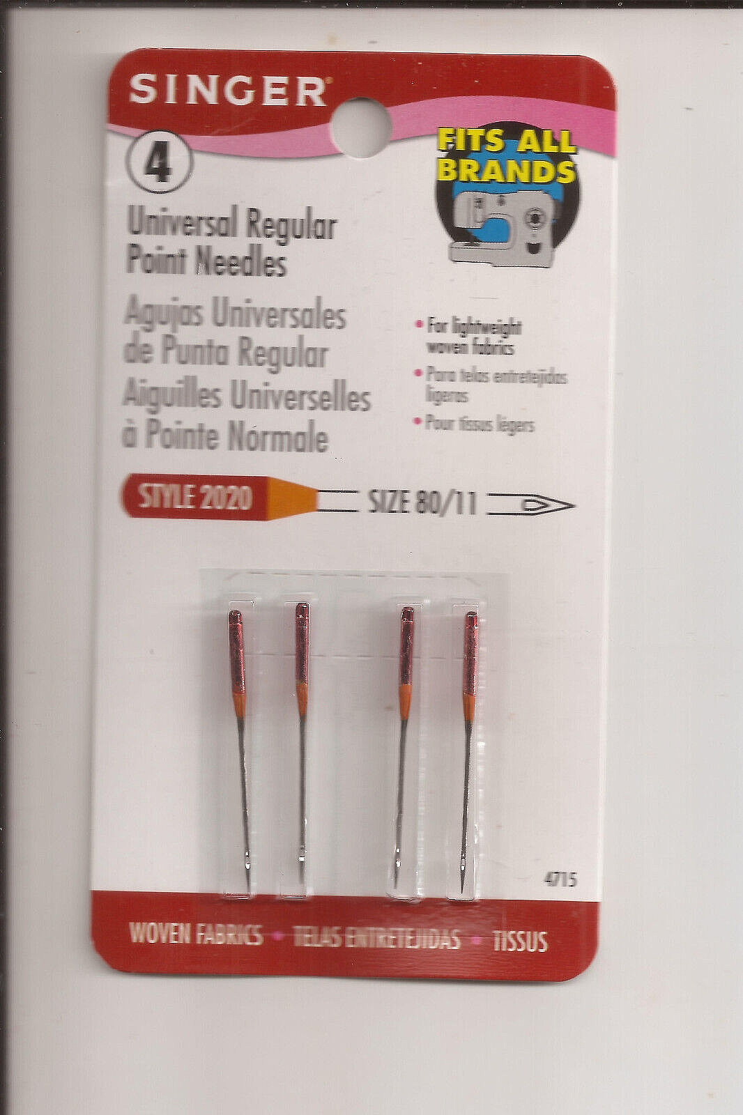 Singer Sewing Machine Needles Regular Point 80/11 Style 2020 Universal Pkg of 4
