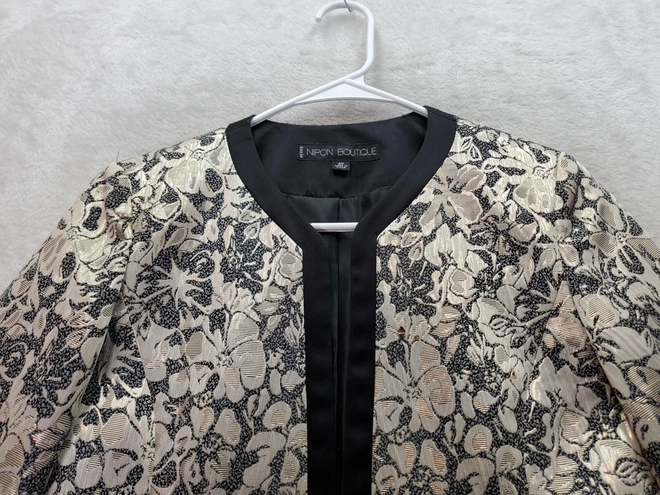 Chaqueta Blazer Nipon Boutique Mujer Petite 4 Dorado Metálico Floral Frente Abierto Foto 4 de 4