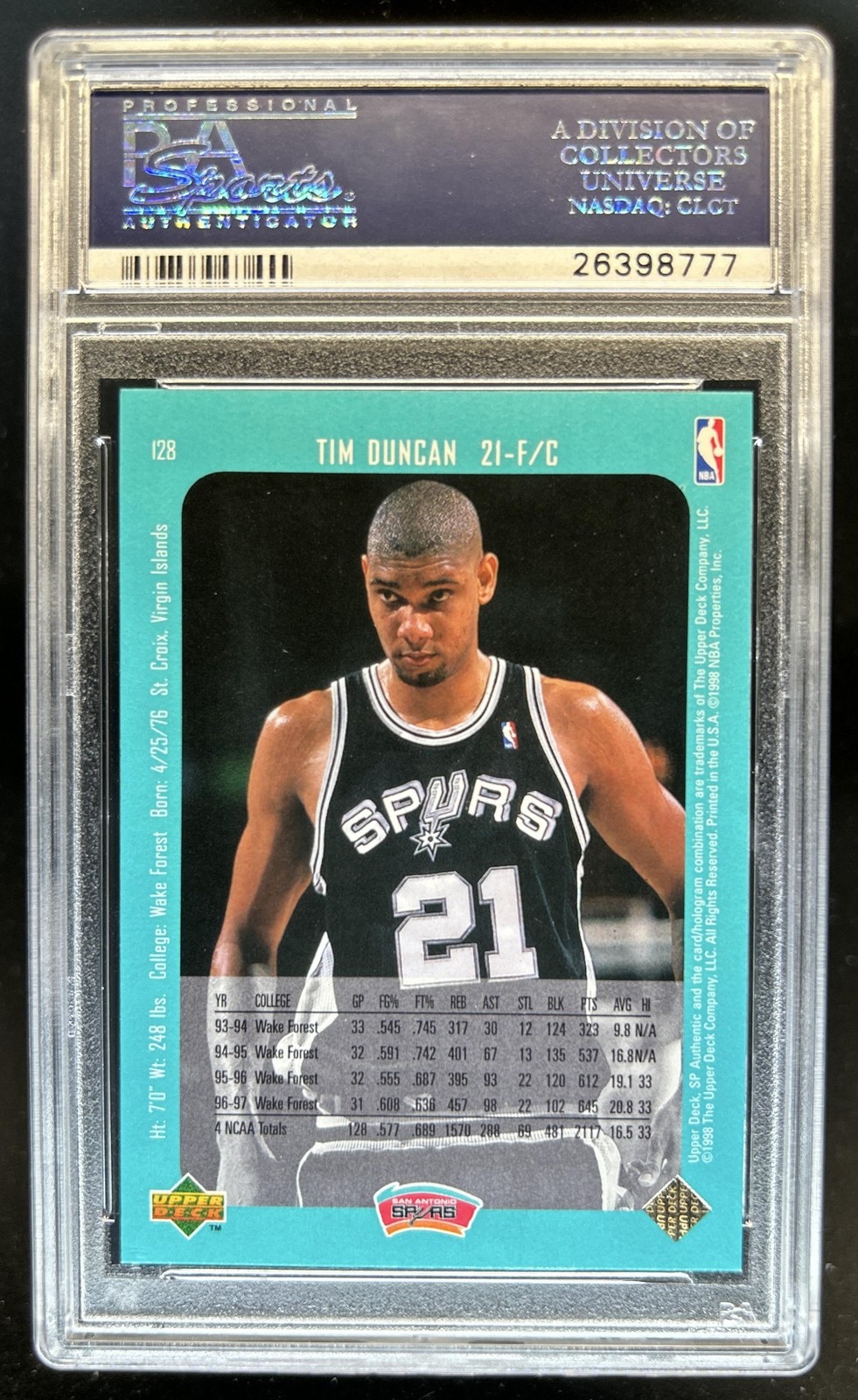 1997-98 SP Authentic Tim Duncan Rookie RC #128 Spurs PSA 10 GEM MINT view 2