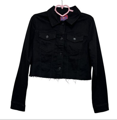 Romi Basha Wax Jean Black Cropped Denim Jacket Frayed Hem Lightning Bolt Size S