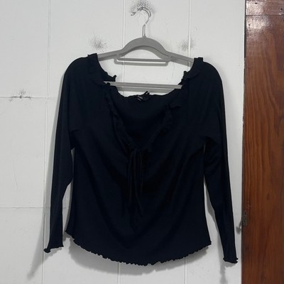 Blashe Womens 3X Black Ribbed Off Shoulder Ruffle Tie Neck Lettuce Edge Top