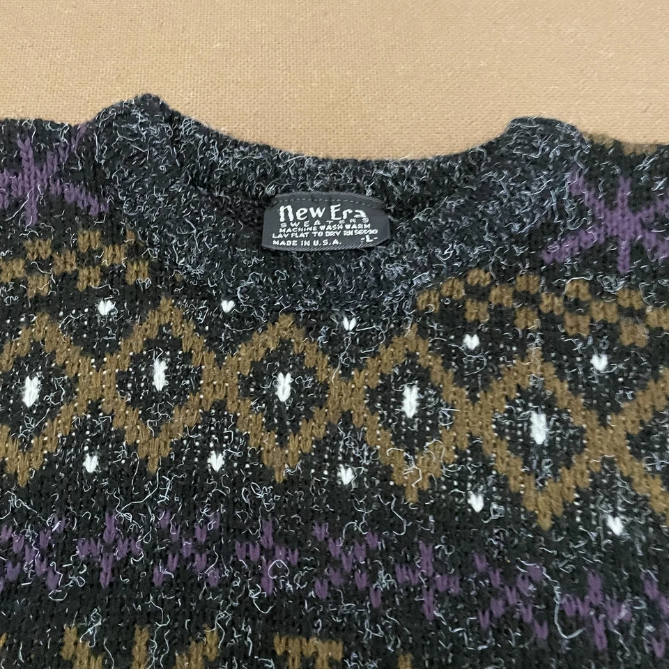 Suéter De Colección New Era Para Hombre Grande Púrpura Negro Fair Isle Cuello Redondo Hecho en EE. UU. 90s Foto 2 de 4
