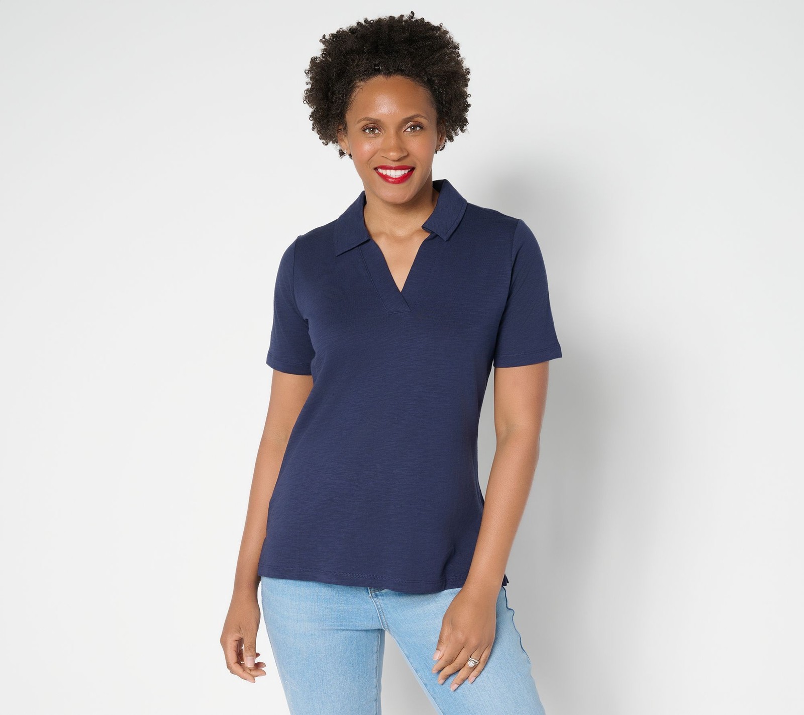 Belle by Kim Gravel Women's Top Plus Sz 1X Slub Knit Preppy Polo Blue A691743