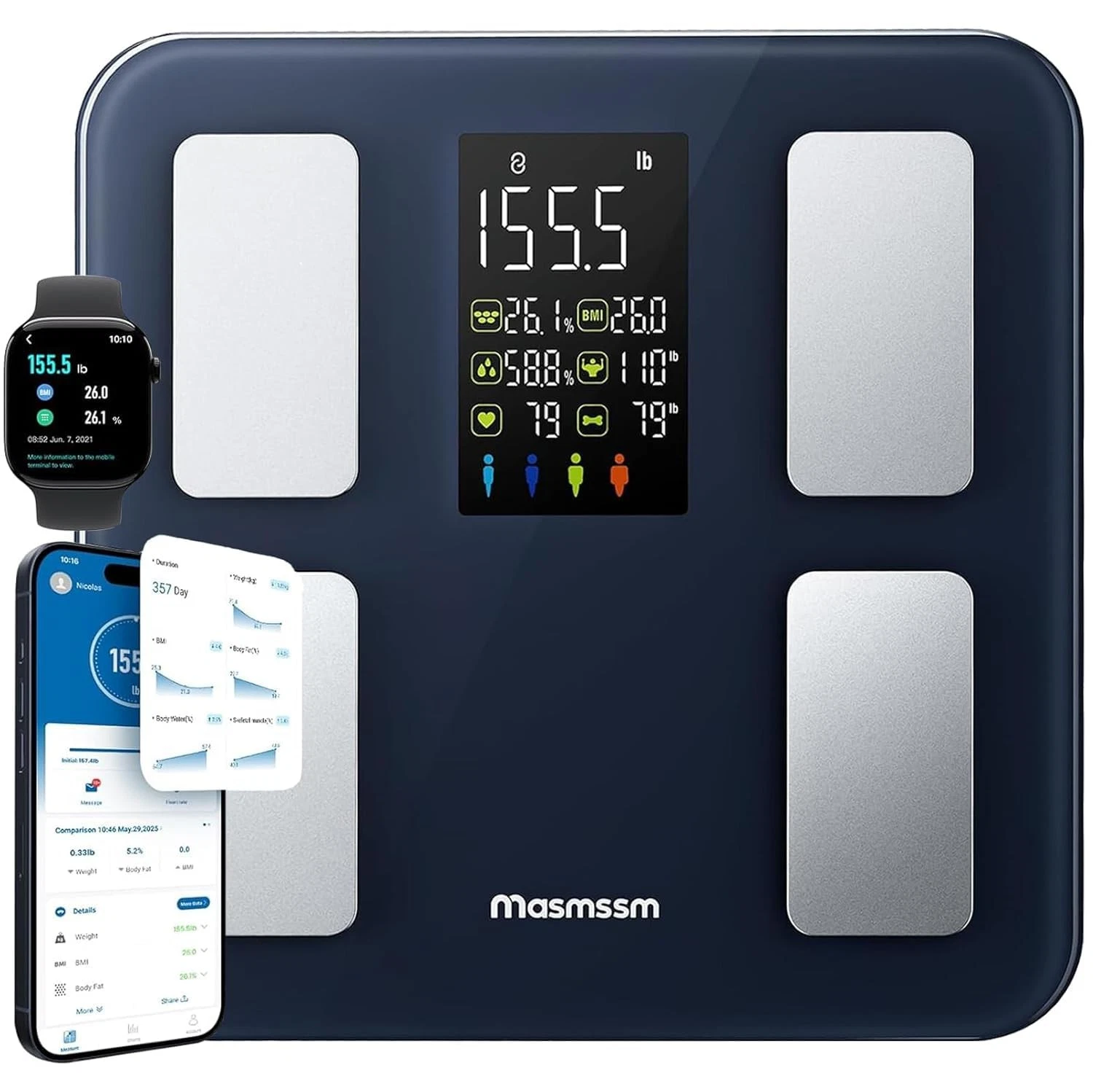 Masmssm Smart Scale for Body 12 inches x 12 x 1 inch, Marine blue