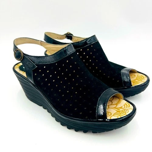 FLY London Yile Black Perforated Leather Peep Toe Platform Wedge Sandal Size 8