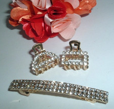 Vintage Art Deco White Rhinestone Hair Barrette and 2 Claw Clips