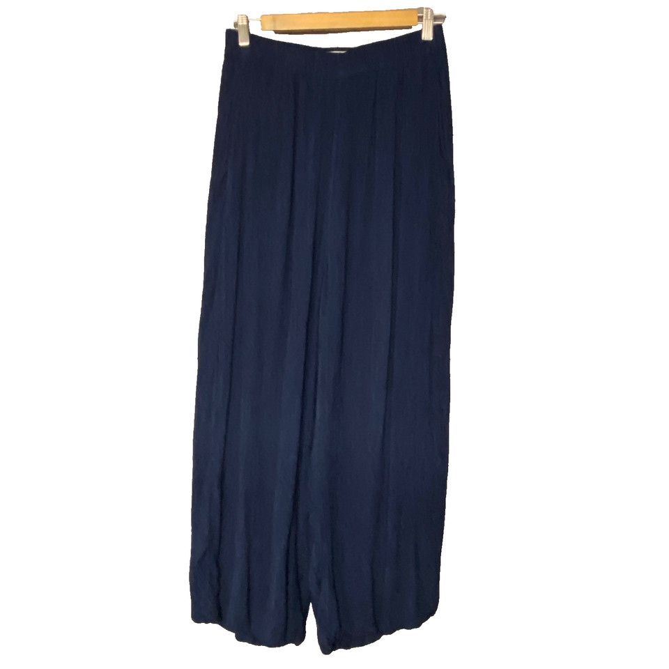 Zara Hareem Trousers UK 8 Womens Blue Viscose Wide Leg Crinkle Pull On Pockets