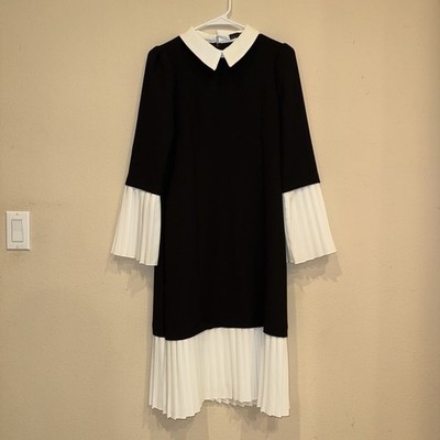 Ebuba Korea Women's Black Knit Dress White Collar & Cuffs Pleated Skirt Size S/M