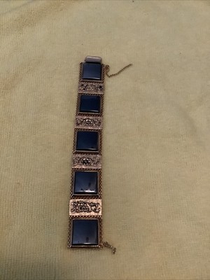 Vintage Gold Tone Mesh Bracelet With Mirror Like Onyx/Black Panels Art Deco