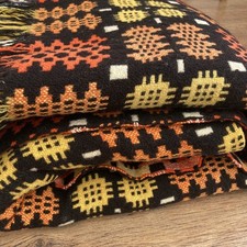 Vintage Welsh wool tapestry blanket bedcover 81 x 81 inch orange black yellow