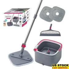 Mop Bucket System W/ Silicone Sweeper 2 Microfiber Pads 360 Swivel Head New