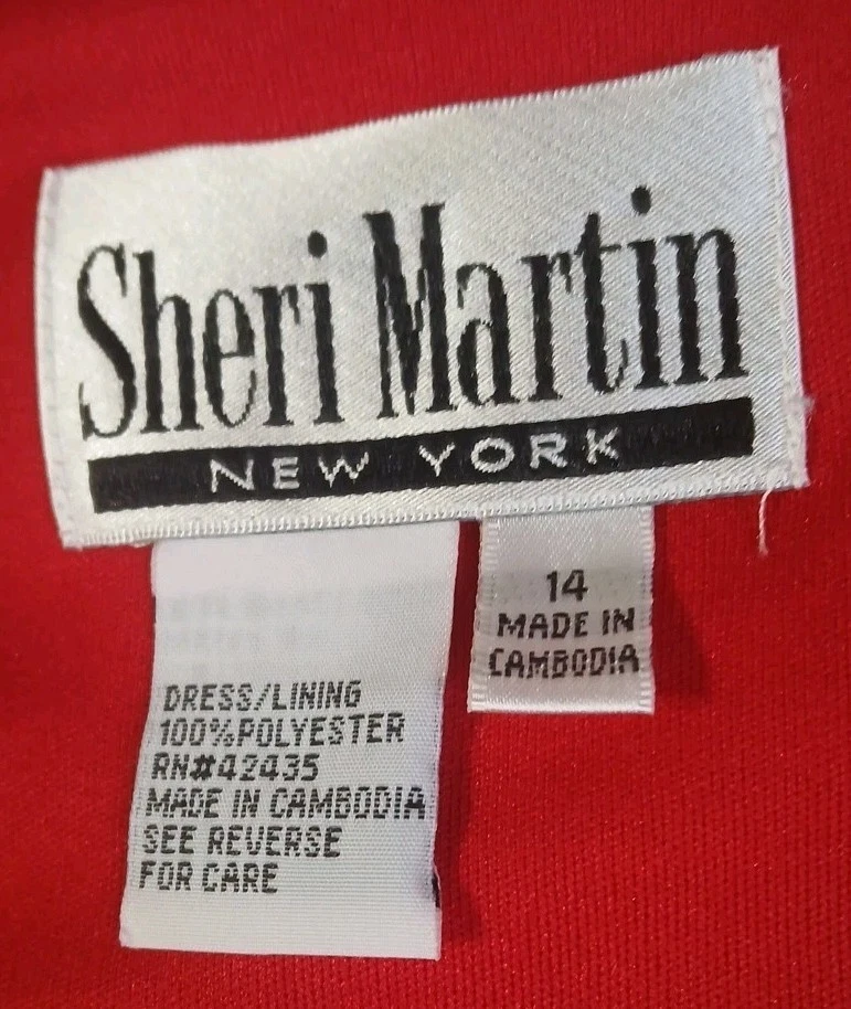 Vestido Sheri Martin NY 14 Rojo Blanco Floral Acampanado Largo Midi Forrado Foto 3 de 4