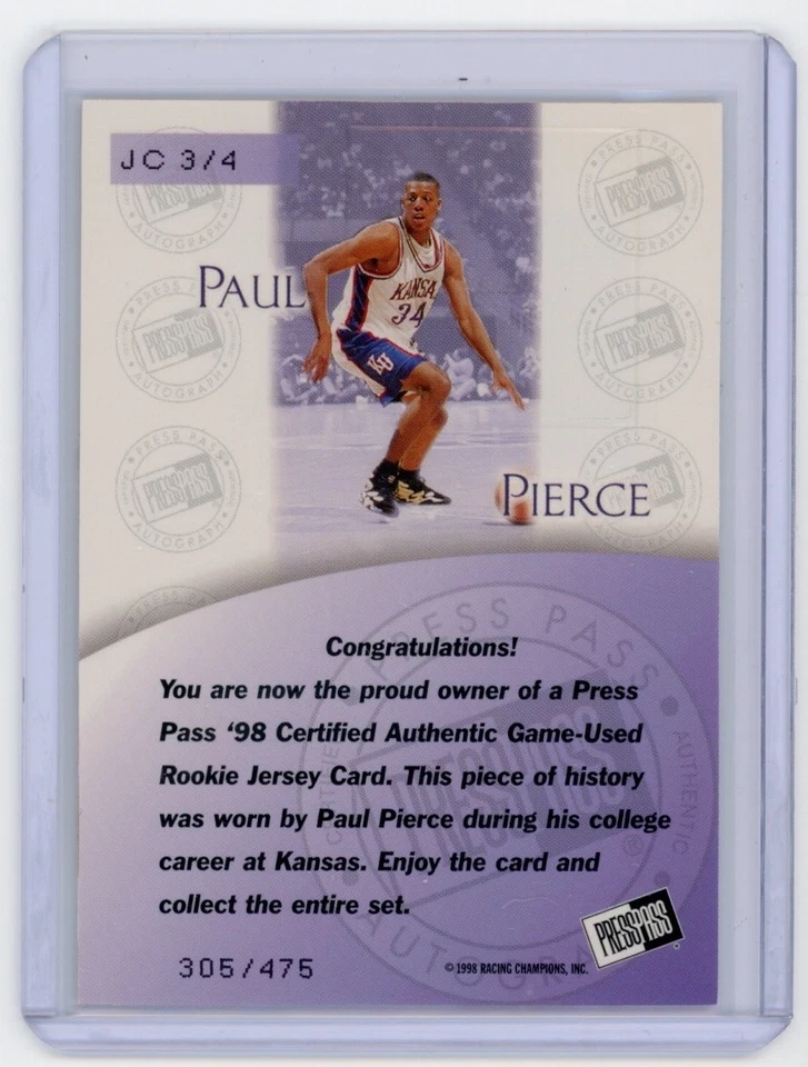 Press Pass 1998 Paul Pierce Auténtico Juego Usado Tarjeta Jersey! Foto 2 de 2