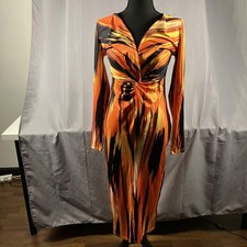 Shein Dress Womens Small Orange Abstract Twist Front V-Neck Long Sleeve Midi